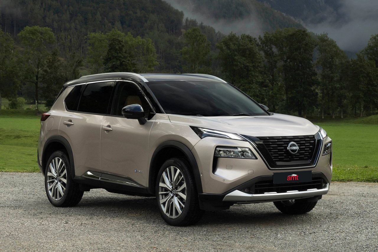 The refined Nissan X-Trail in beige, showcased against a serene mountainous backdrop, designed for adventure in 2025.