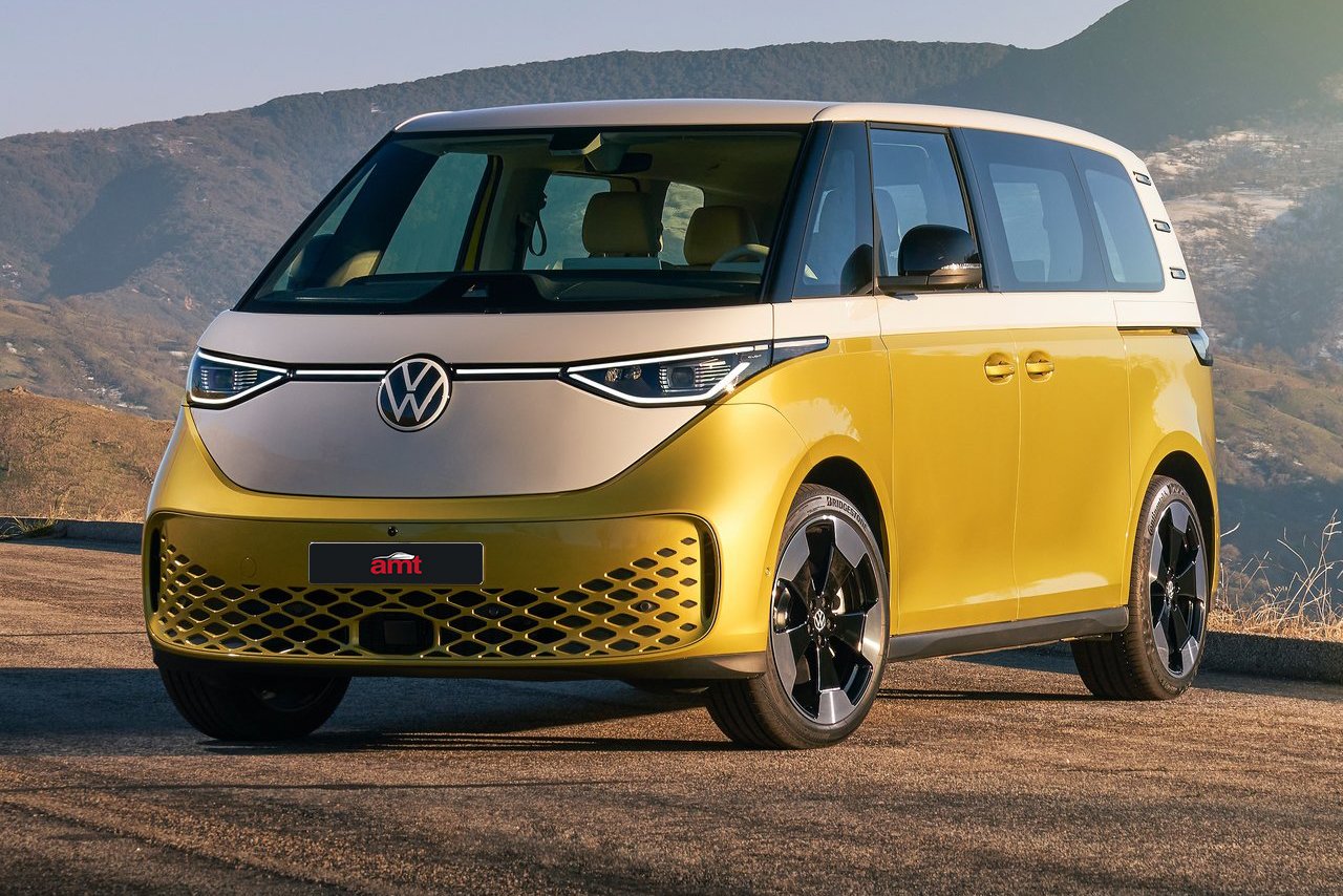 Volkswagen's retro-inspired ID. Buzz in a cheerful yellow and white two-tone, exuding electric innovation for 2025.