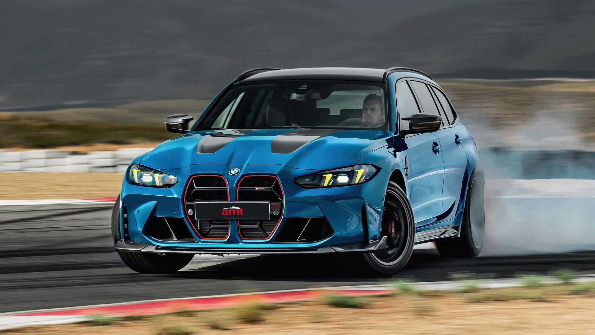 The BMW M3 CS Touring drifting on a racetrack, demonstrating its high-performance capabilities, wide stance, and precision handling under intense cornering.