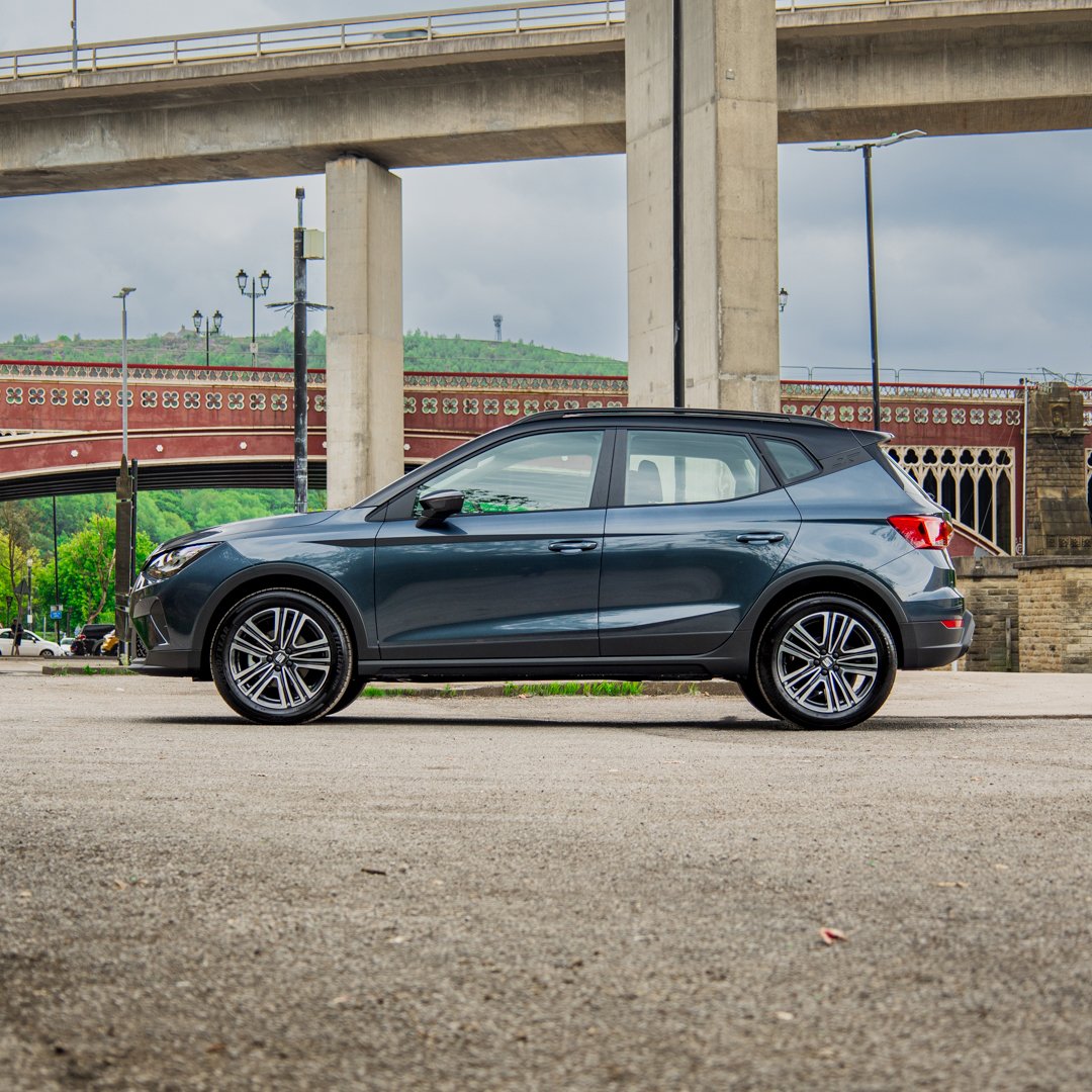 Side profile of the SEAT Arona FR, a stylish urban crossover available through AMT Auto car leasing.