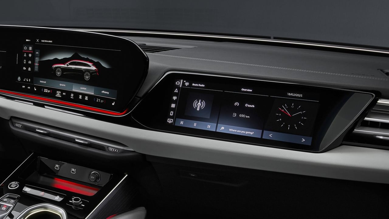 A close-up view of the Audi A6 Avant’s high-tech infotainment system, showcasing its dual touchscreen displays and digital driver interface.