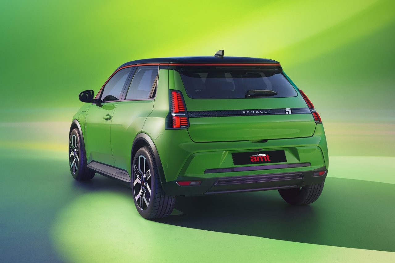 Rear view of the Renault 5 in a bold green finish, featuring its distinctive taillights and a clean, contemporary design.