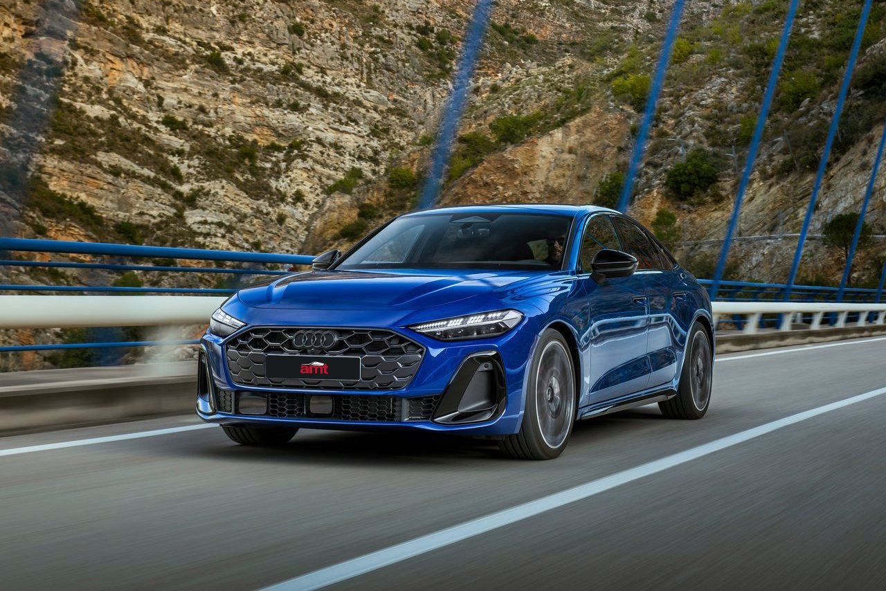 The 2025 Audi S5 in vibrant blue, driving dynamically on a scenic road, exemplifying its performance and precision.