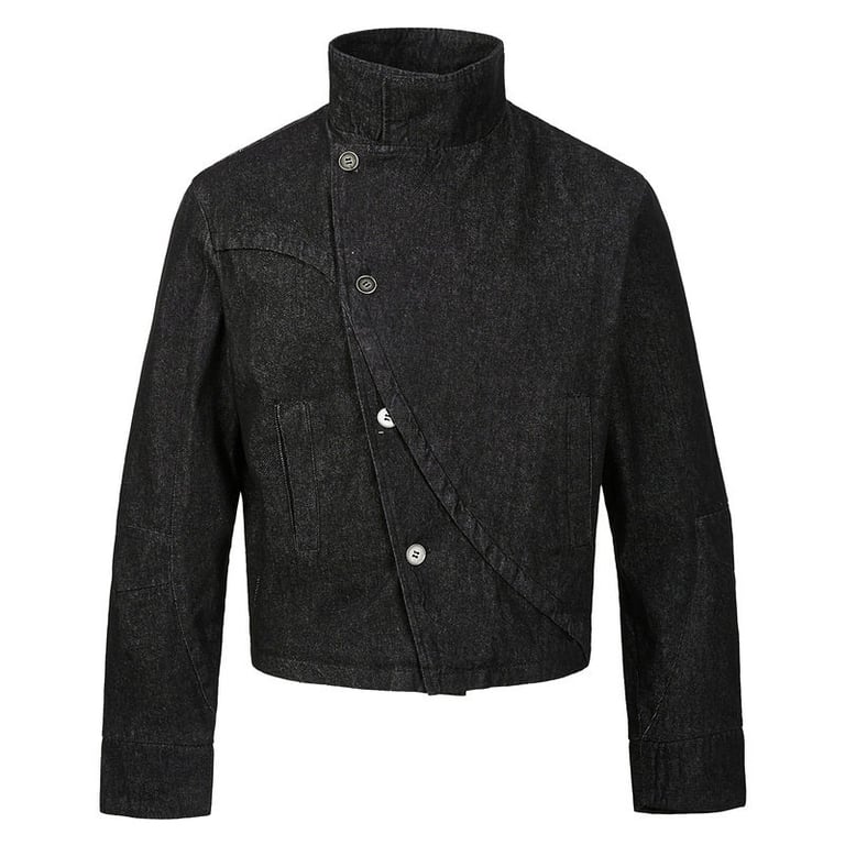 Asymmetrical High-Neck Denim Jacket - 5