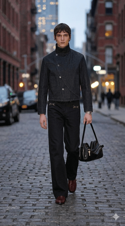 Archive Silhouette: Asymmetrical High-Neck Denim Jacket