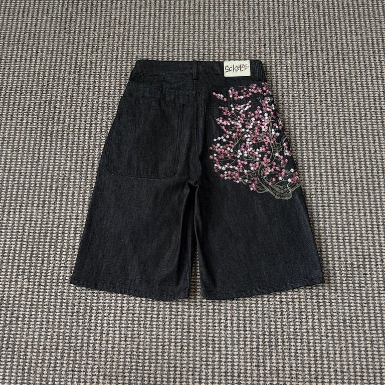Derschutze Sakura Embroidery Denim Shorts