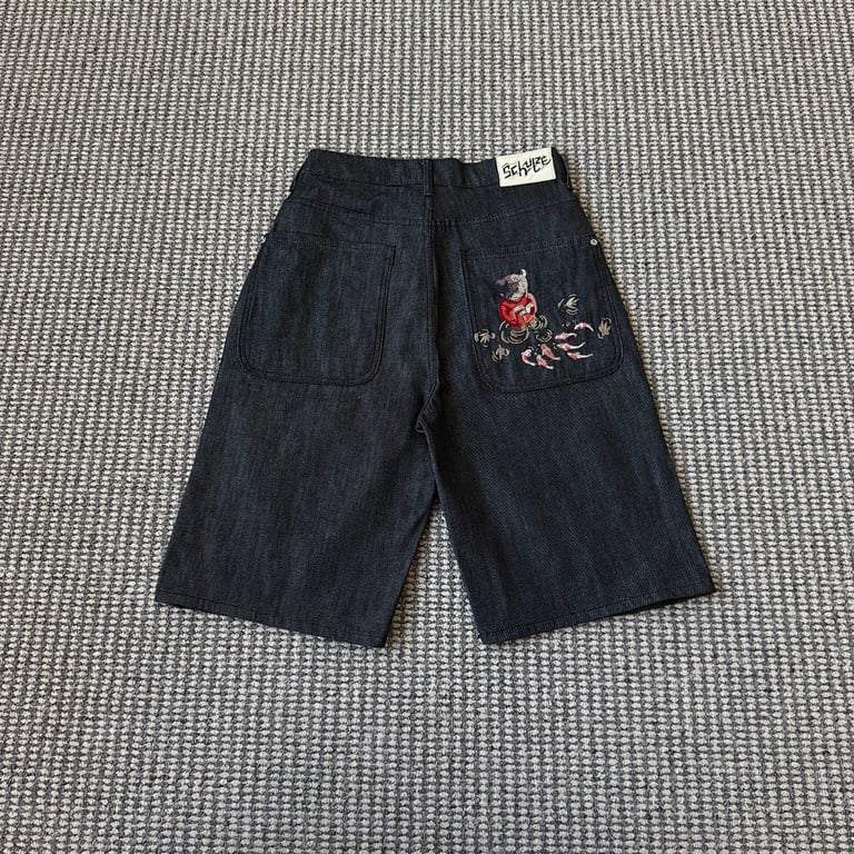 Derschutze Koi Embroidery Black Raw Denim Shorts