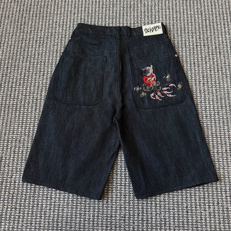 Derschutze Koi Embroidery Black Raw Denim Shorts - 4