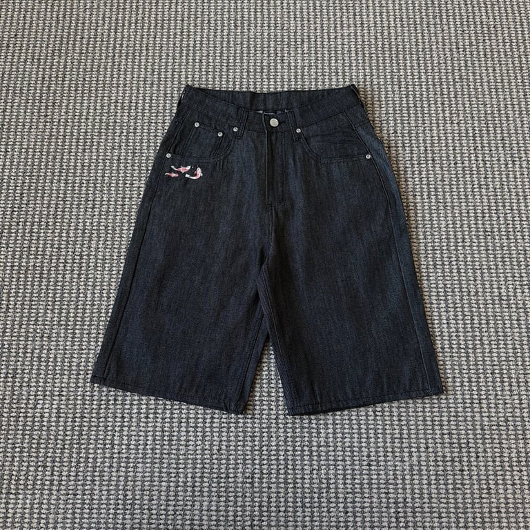 Derschutze Koi Embroidery Black Raw Denim Shorts - 7