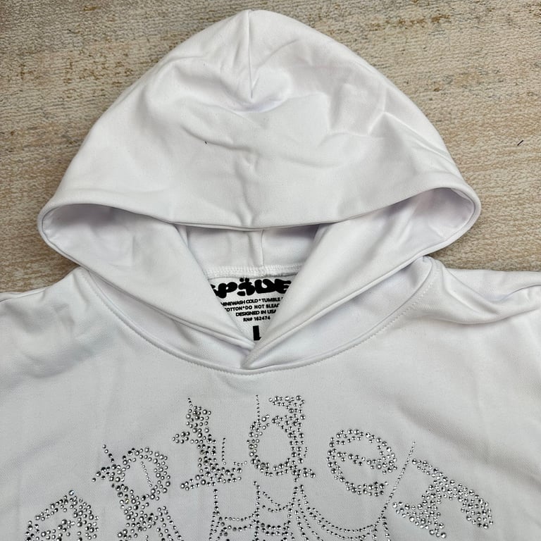 Sp5der Rhinestone Logo Hoodie White - 18