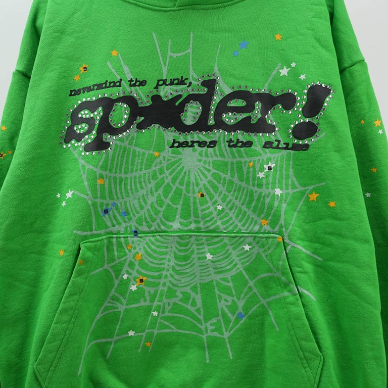 Sp5der Punk V2 Rhinestone Hoodie Bright Green - 4