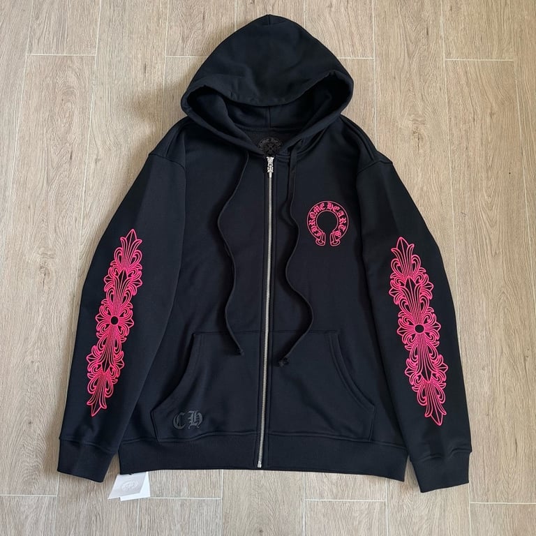 Chrome Hearts Pink Floral Zip Hoodie Black