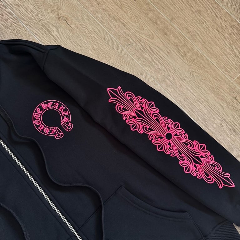 Chrome Hearts Pink Floral Zip Hoodie Black - 16