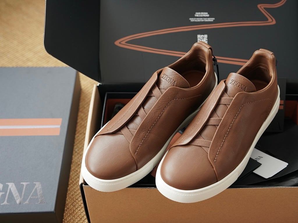 Zegna Triple Stitch Brown Leather Sneakers - 2