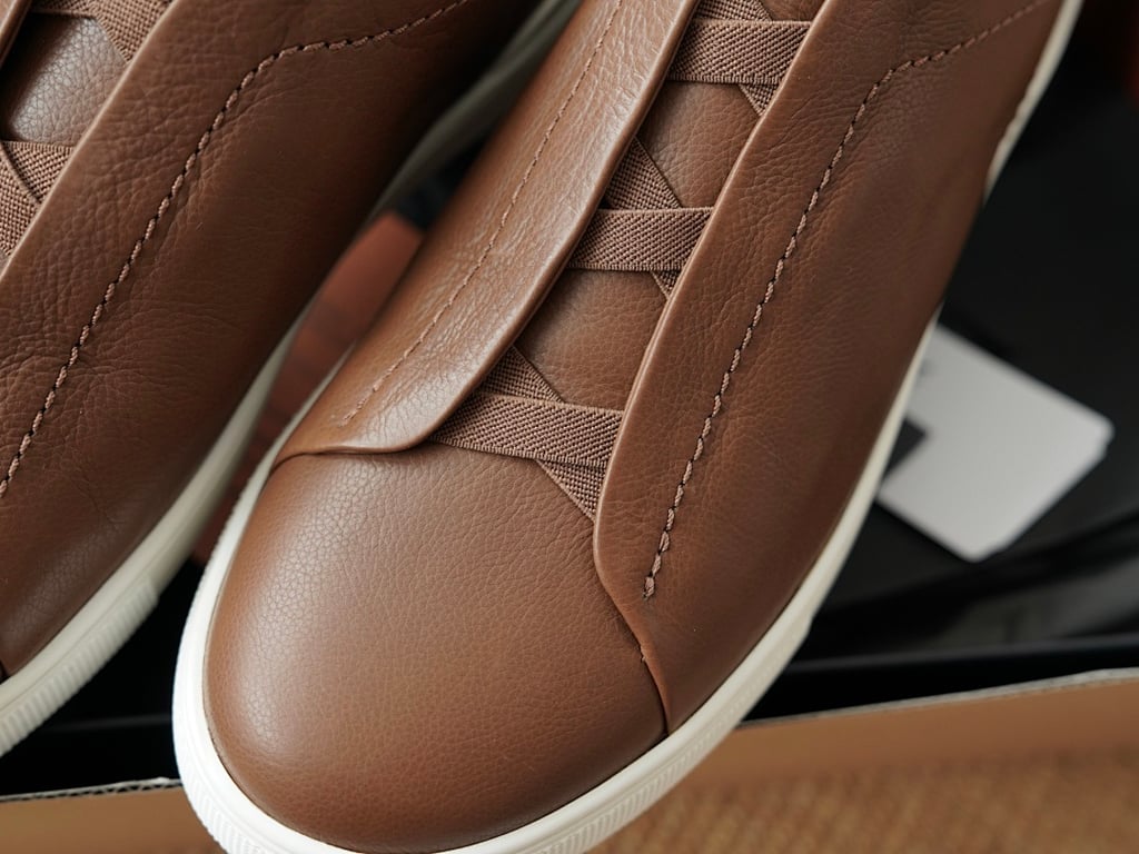 Zegna Triple Stitch Brown Leather Sneakers - 5