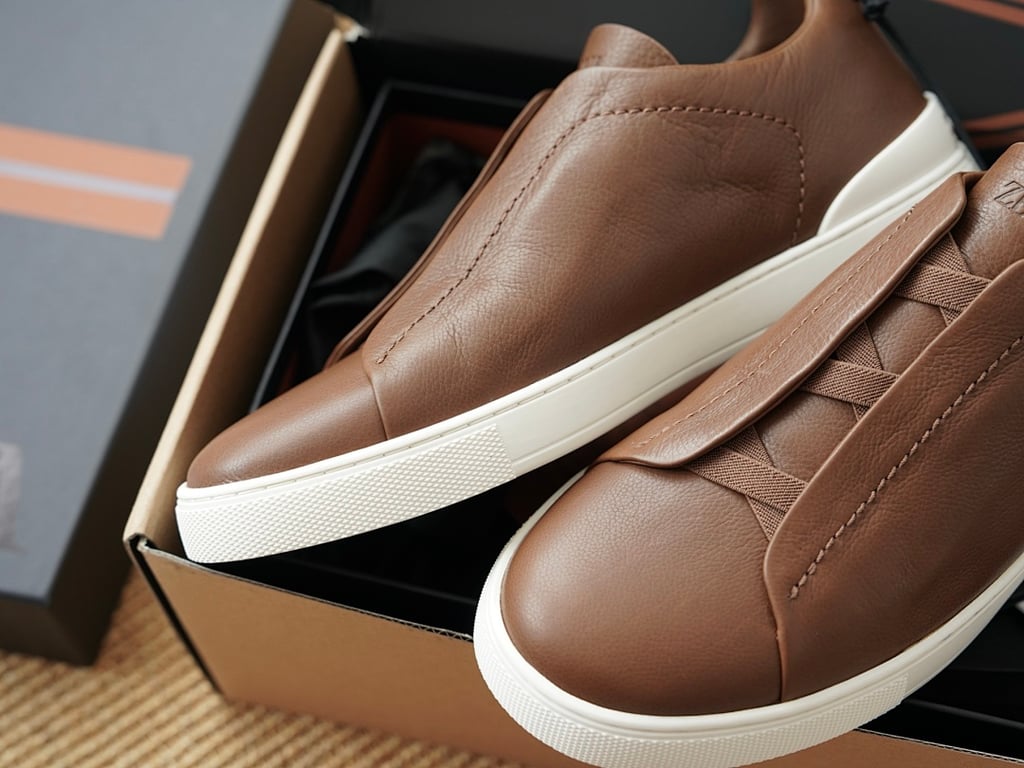 Zegna Triple Stitch Brown Leather Sneakers - 6