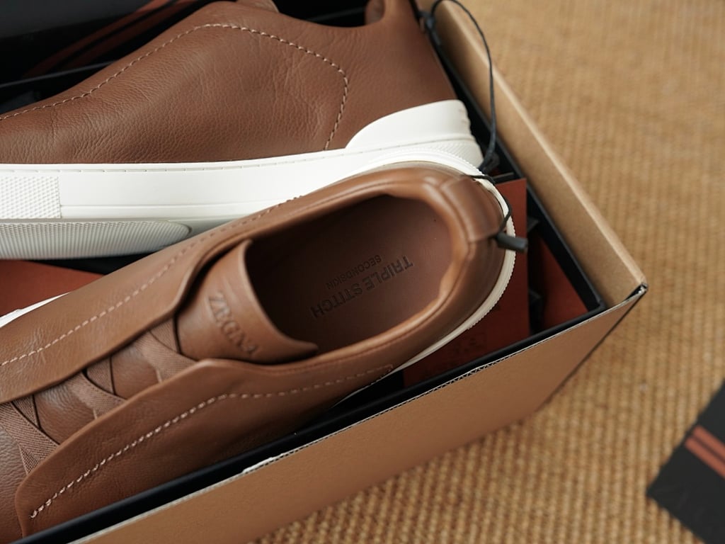 Zegna Triple Stitch Brown Leather Sneakers - 7
