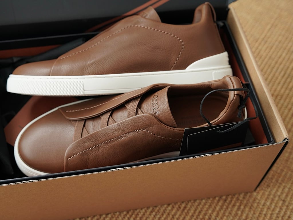 Zegna Triple Stitch Brown Leather Sneakers - 8