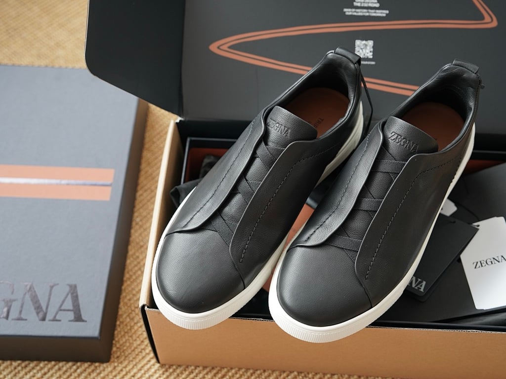 Zegna Triple Stitch Black Leather Sneakers - 2