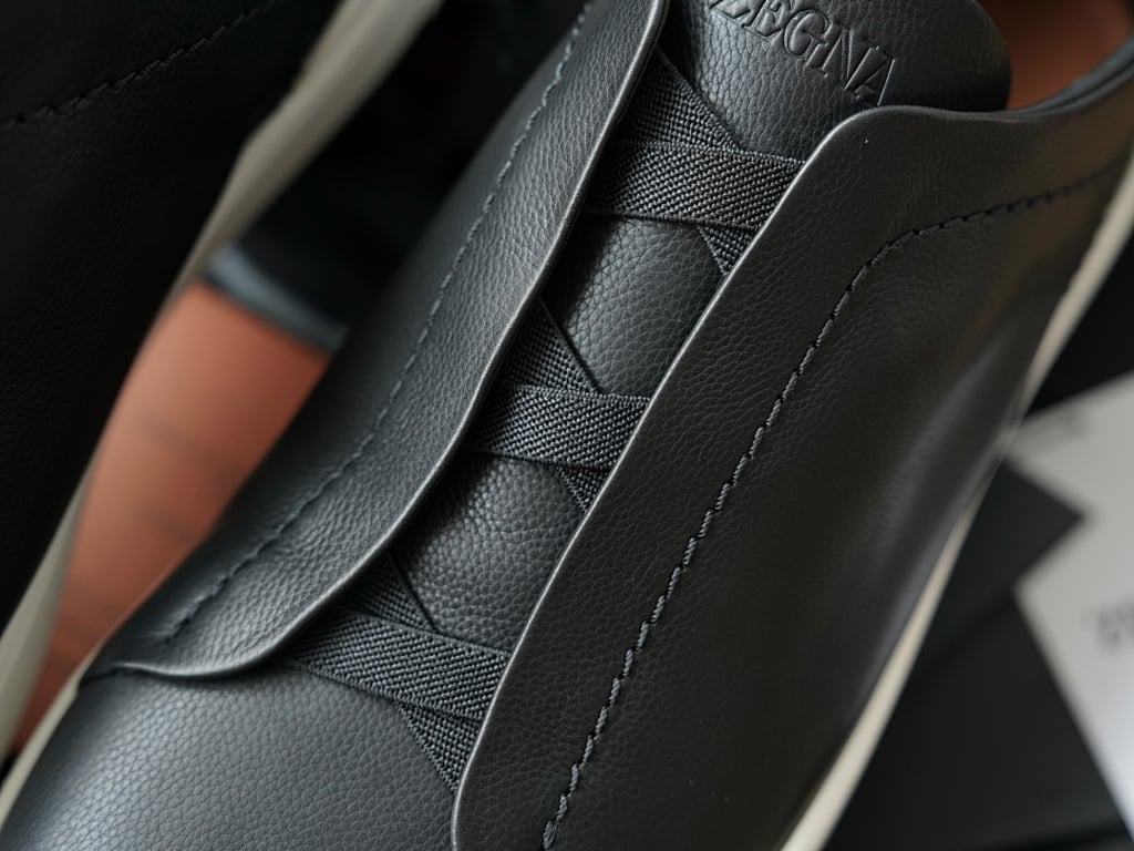 Zegna Triple Stitch Black Leather Sneakers - 6