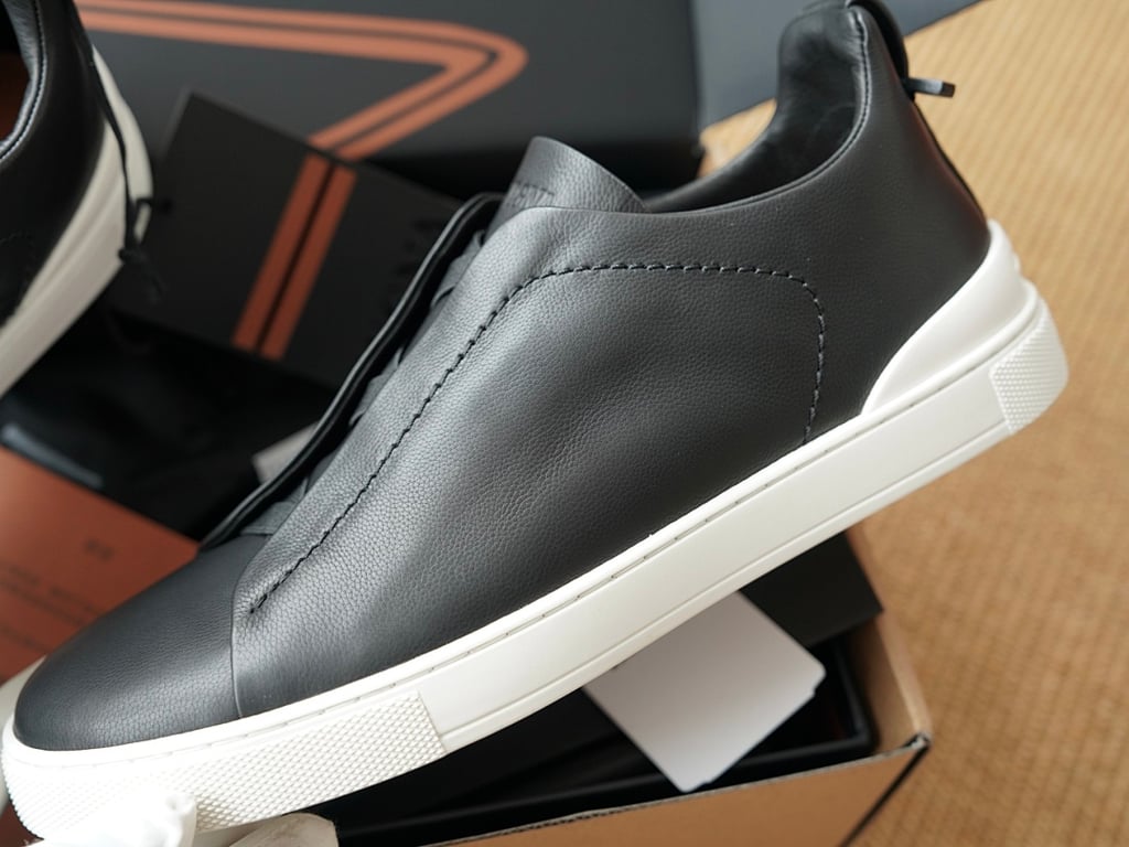 Zegna Triple Stitch Black Leather Sneakers - 7