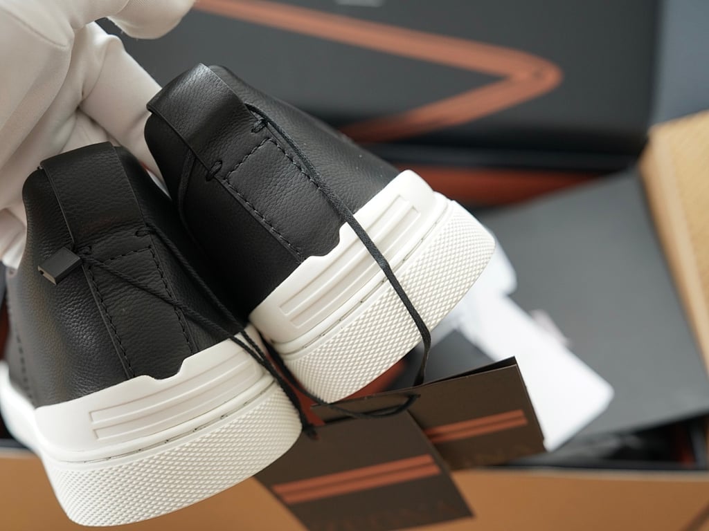 Zegna Triple Stitch Black Leather Sneakers - 9