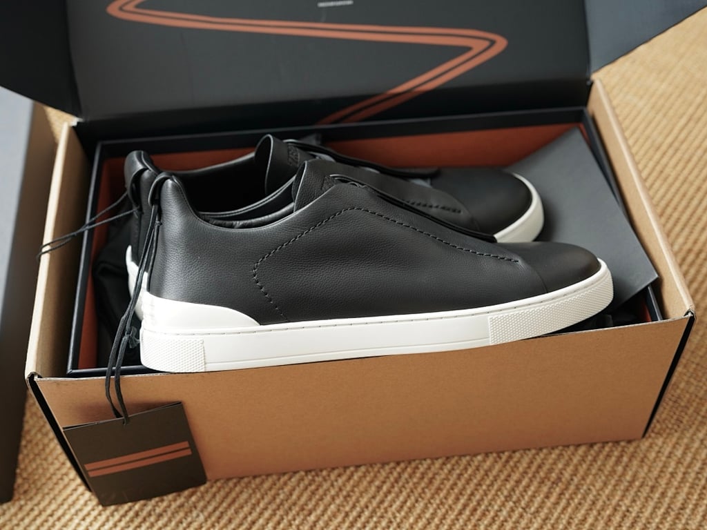 Zegna Triple Stitch Black Leather Sneakers - 10
