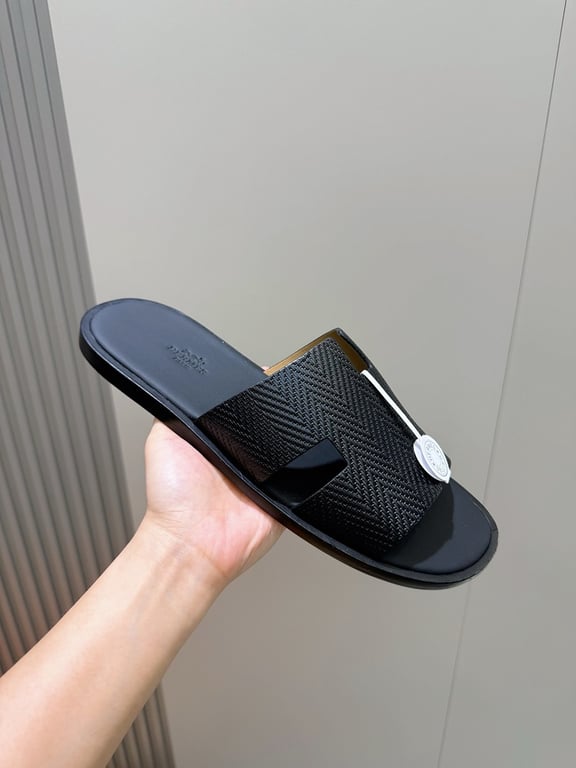 Hermès Izmir Sandals Black Textured Leather - 5