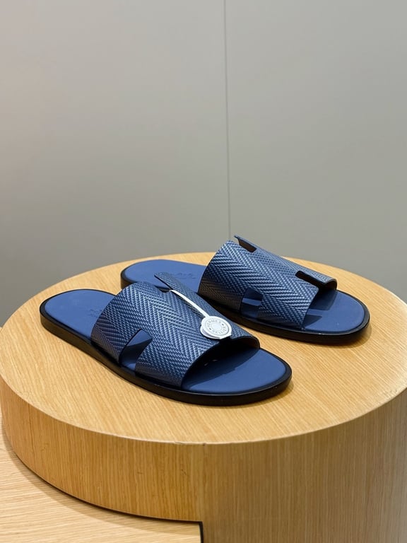 Hermès Izmir Sandals Blue Textured Leather - 4