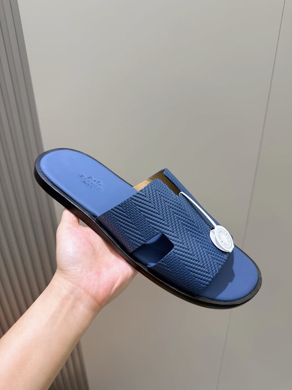 Hermès Izmir Sandals Blue Textured Leather - 6