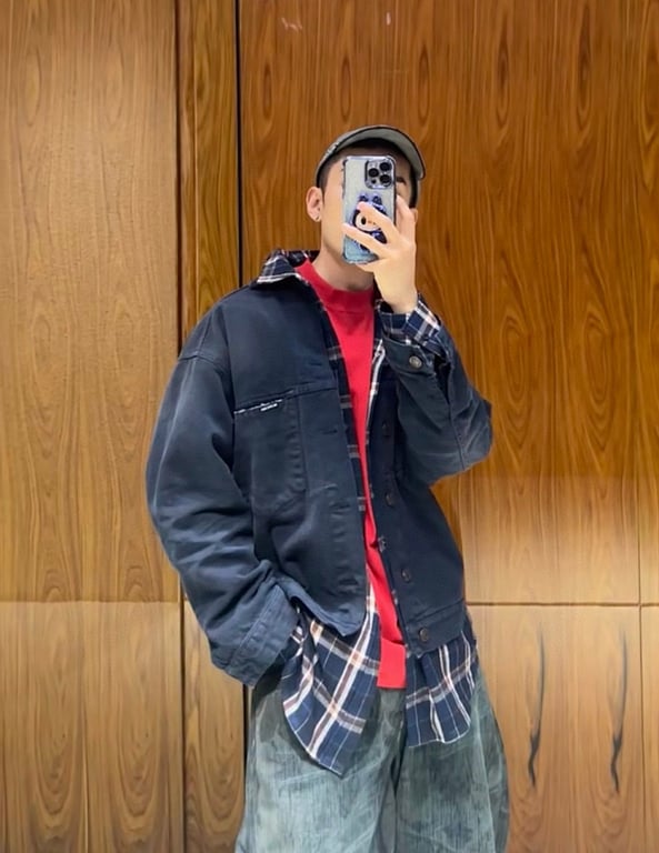Balenciaga Layered Denim Plaid Jacket Navy - 3