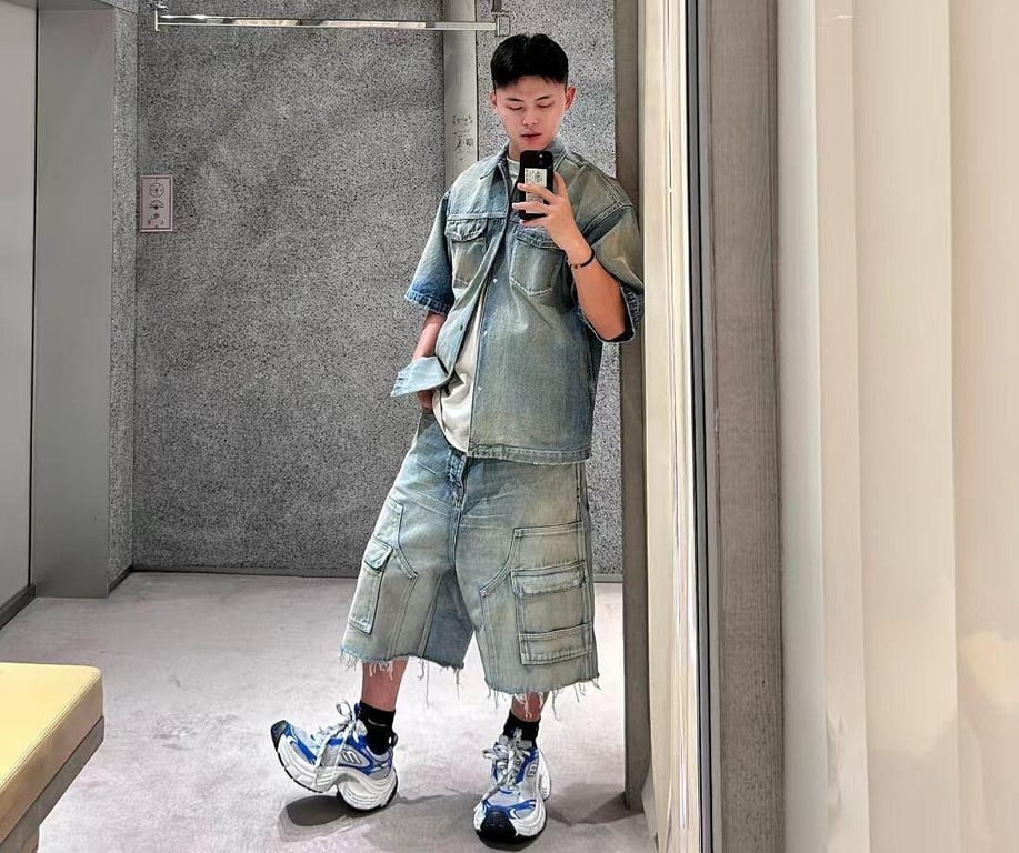 Balenciaga Tape Logo Denim Shirt Light Blue - 3