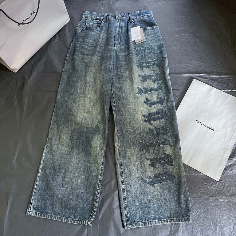 Balenciaga Gothic Logo Wide Leg Jeans Blue - 14