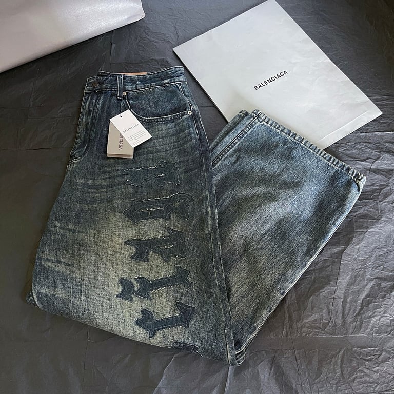 Balenciaga Gothic Logo Wide Leg Jeans Blue - 16
