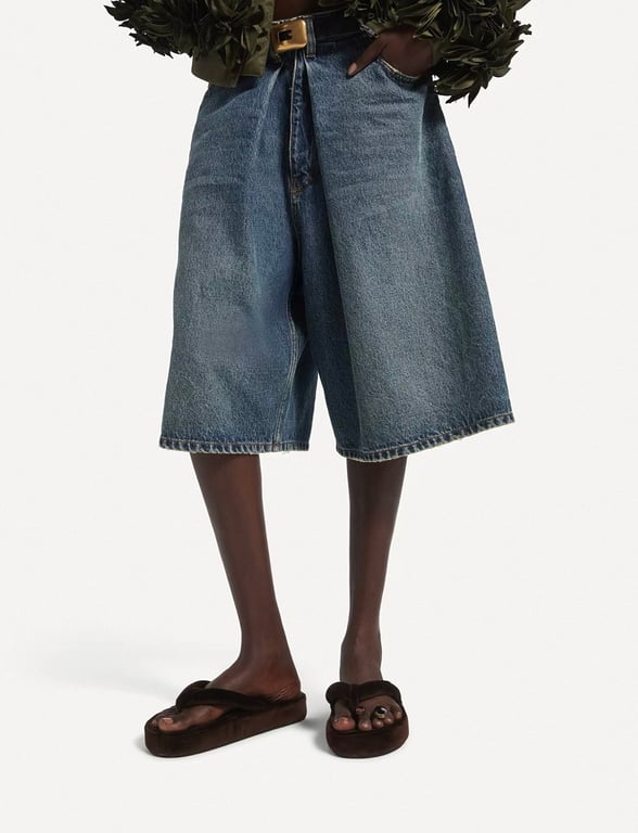 Balenciaga Wide-Leg Pleated Denim Shorts Blue - 3