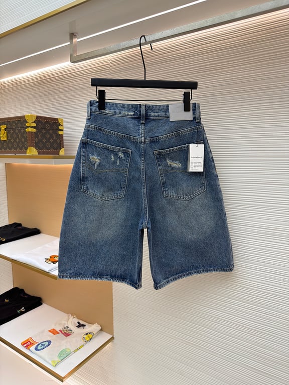 Balenciaga Wide-Leg Pleated Denim Shorts Blue - 6