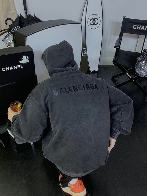Balenciaga Washed Black Embroidered Hoodie - 5