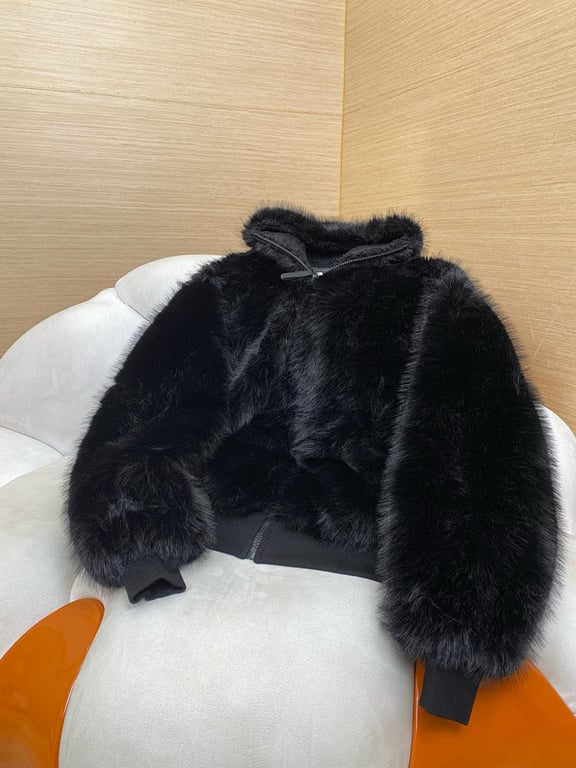 Balenciaga Faux Fur Down Zip-Up Jacket Black - 7