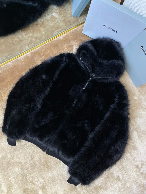 Balenciaga Faux Fur Down Zip-Up Jacket Black - 8
