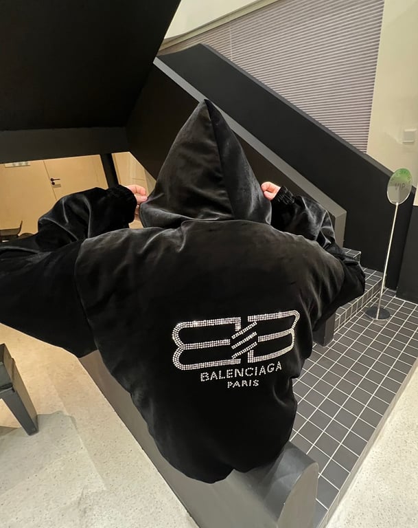 Balenciaga Velvet Rhinestone Zip Hoodie Black - 12