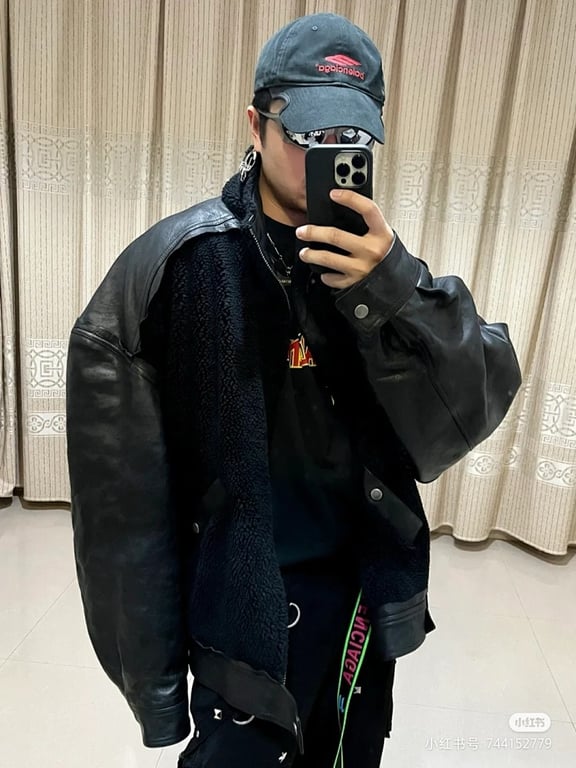 Balenciaga Real Leather & Fleece Hooded Jacket Black - 2