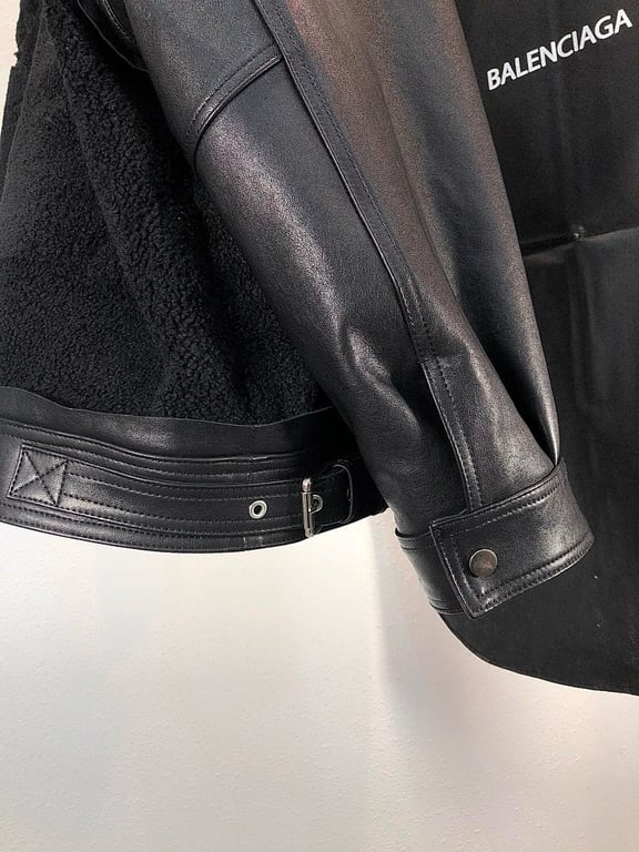 Balenciaga Real Leather & Fleece Hooded Jacket Black - 11