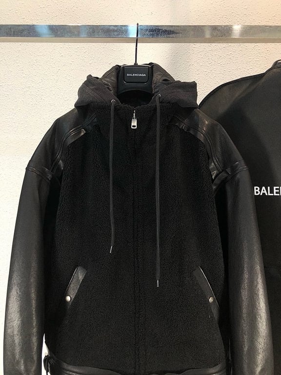 Balenciaga Real Leather & Fleece Hooded Jacket Black - 13