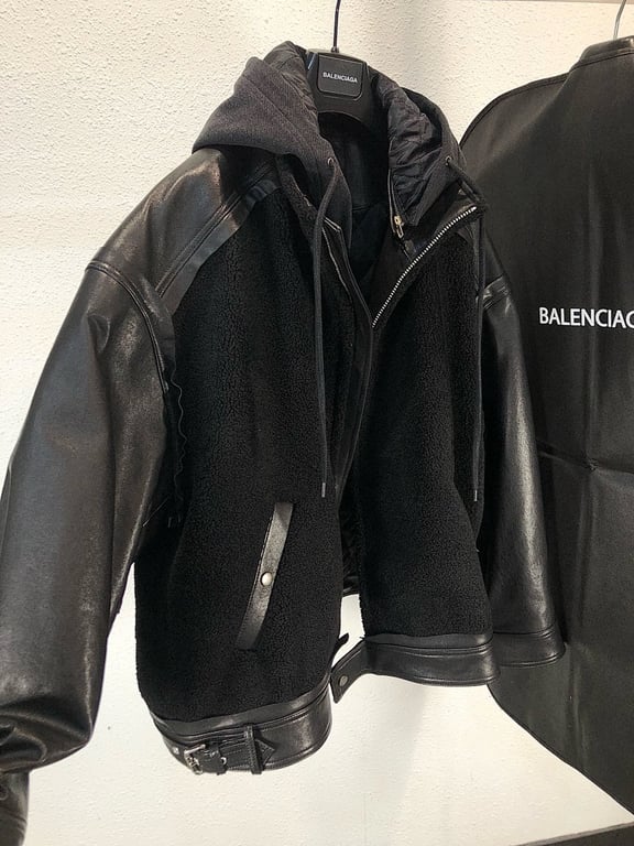 Balenciaga Real Leather & Fleece Hooded Jacket Black - 14