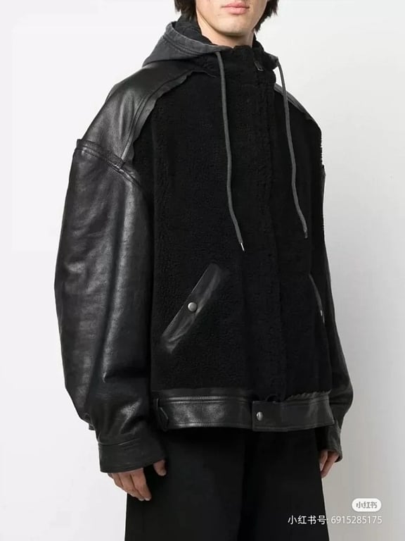 Balenciaga Real Leather & Fleece Hooded Jacket Black - 3