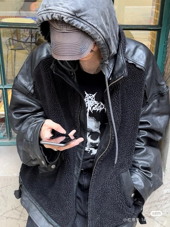 Balenciaga Real Leather & Fleece Hooded Jacket Black - 6