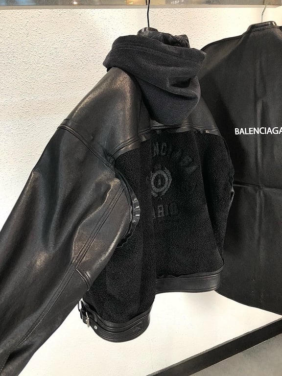 Balenciaga Real Leather & Fleece Hooded Jacket Black - 8