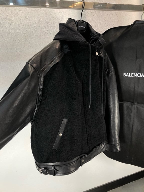 Balenciaga Real Leather & Fleece Hooded Jacket Black - 10