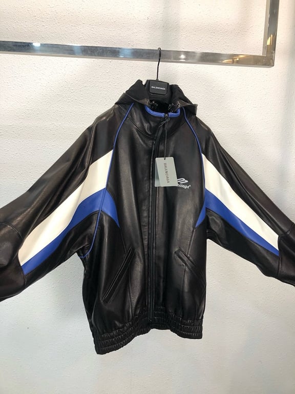 Balenciaga Hooded Leather Jacket Black/Blue - 8