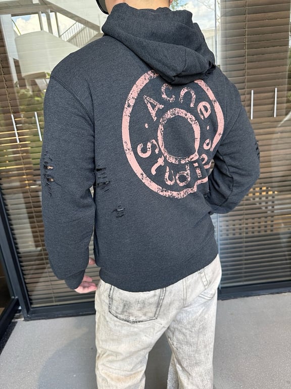 Acne Studios Distressed Logo Zip Hoodie Grey - 5